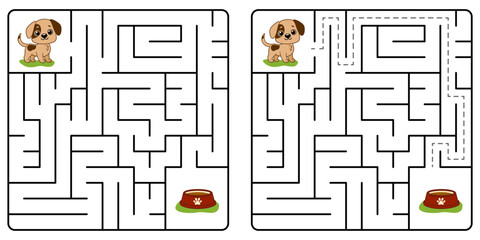 Square maze game for kids with cartoon Dog. Puzzle Game with answer. Learning Labyrinth conundrum. Education worksheet. Activity page. Logic Games for kids.