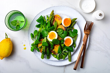 Grilled green asparagus, roasted new baby potatoes, fresh corn salad leaves, soft boiled egg, peas...