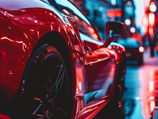 Sleek Red Sports Car in Neon City