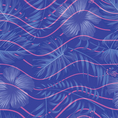 Floral seamless pattern with leaves. wavy lines, tropical background	
