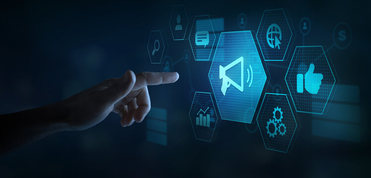 Advertising concept with icons, Advertising diagram, PR Public relations concept. Hand pressing button on touchscreen. Ads online.