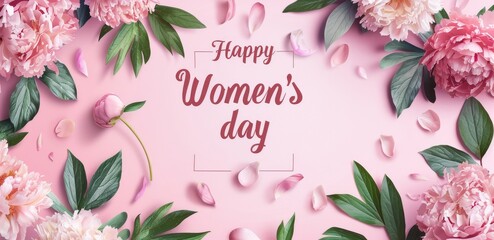 Happy Women's day - calligraphy lettering on background with flowers. Holiday greeting card, poster, banner concept.