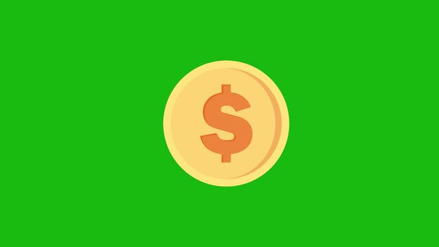 Rotating gold 2d coin with dollar sign looped animation on green background. Golden dollar spinning 360 degrees. Flipping coin, flat style cartoon, 4K, 60fps.