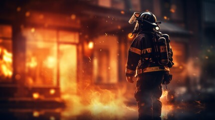Brave fireman standing in front of a blazing house with space for text, emergency response concept