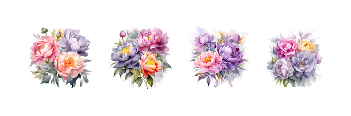 Beautiful peony flowers watercolor set. Vector illustration design.