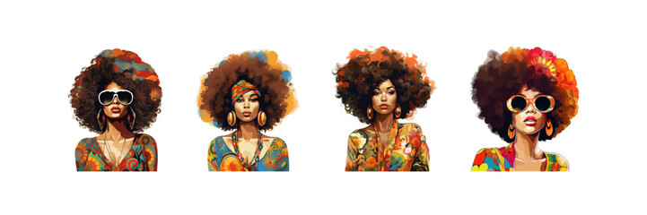 Beautiful african american woman with afro hairstyle watercolor set. Vector illustration design. - obrazy, fototapety, plakaty