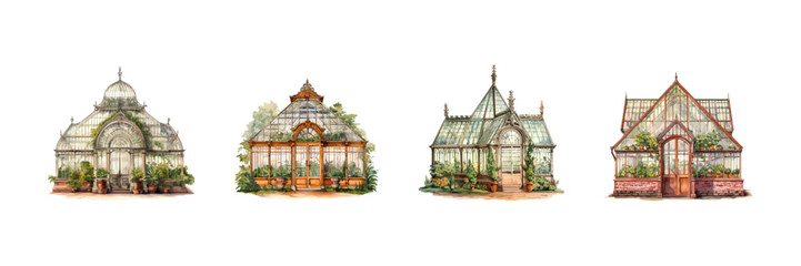 Glass greenhouse watercolor set. Vector illustration design.