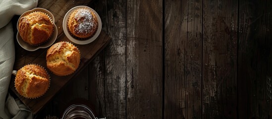 Fototapeta premium A wooden table set with freshly baked muffins and a steaming cup of coffee. The rustic setting enhances the warmth and coziness of the scene.
