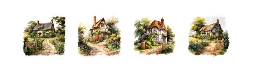 English traditional cottage watercolor set. Vector illustration design.