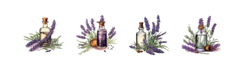 Fotobehang Bottle of essential oil with fresh lavender set watercolor. Vector illustration design. © Design vector