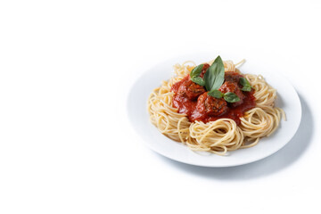 Spaghetti with meatballs isolated on white background. Copy space