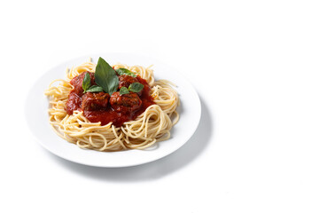 Spaghetti with meatballs isolated on white background. Copy space
