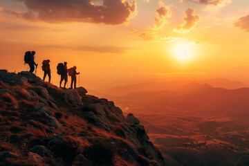 silhouette of people from back on top of mountain at sunset