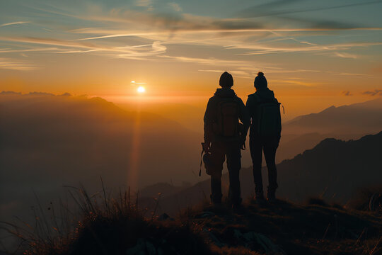 silhouette of a couple on top of the mountain at sunset