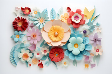Beautiful paper flowers in pastel color palette. Paper art botanical background.