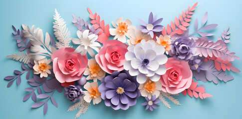 Fototapeta na wymiar Beautiful paper flowers in pastel color palette. Paper art botanical background.