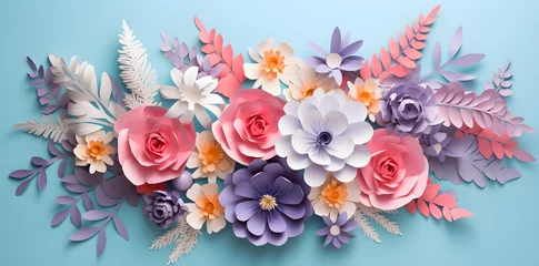 Fotobehang Beautiful paper flowers in pastel color palette. Paper art botanical background. © Oksana