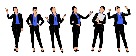 Set of Business woman character in different poses. Pretty young lady boss wearing formal suit standing, pointing to the side and up, holding laptop. Vector outline colored drawing isolated.