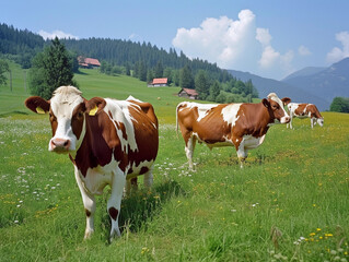Fototapeta na wymiar Serene Pastoral Scene with Grazing Cows
