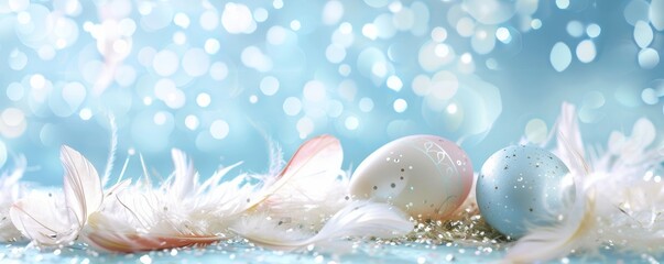 Happy Easter -calligraphy lettering on blue background with Easter eggs and feathers