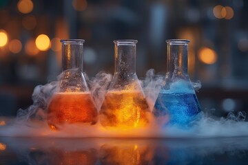 Three colorful lab flasks emit smoke, showcasing a vibrant chemical reaction under dim - obrazy, fototapety, plakaty