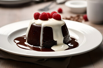 Dark chocolate pudding with vanilla sauce and raspberry fruits