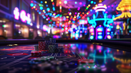 Blurred Image of Slots Machines at the Casino. Colorful gambling background. - obrazy, fototapety, plakaty