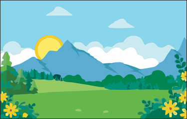 premium vector illustration  landscape with sun raising mountains