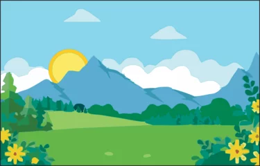 Gardinen premium vector illustration  landscape with sun raising mountains © Firoz59