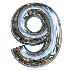 Sleek Metal Number 9 Isolated on Transparent or White Background, PNG
