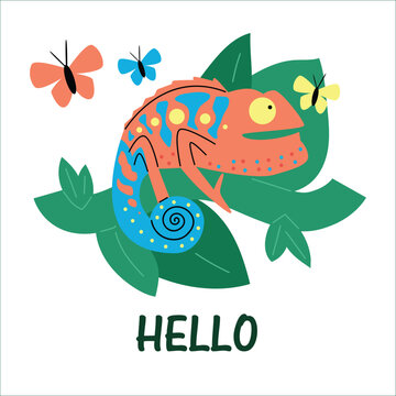 Friendly chameleon greeting vector illustration