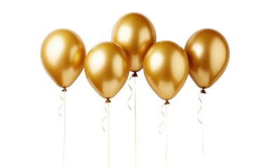 Gold Balloons Floating in the Air. A group of shiny gold balloons floating gracefully in the air. The sunlight reflects off the metallic surface on a White or Clear Surface PNG Transparent Background.