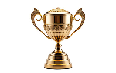 Fototapeta na wymiar A close up photo of a gold trophy set. The trophy gleams with its intricate detailing and elegant design, symbolizing achievement and victory. on a White or Clear Surface PNG Transparent Background.