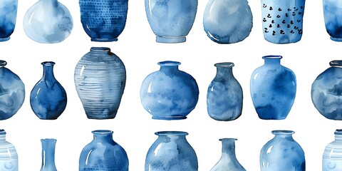 Cozy blue watercolor design featuring handdrawn ceramic vases in seamless pattern seamless background. Concept Watercolor Vases, Cozy Design, Blue Theme, Seamless Pattern, Handdrawn Art