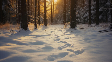 Golden Winter Sunset in Snowy Forest