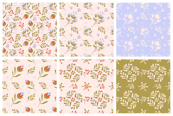 Fototapeta na wymiar Vector illustration. Set Seamless pattern of stylized leaves and berries colored in three colors.Artistic background.