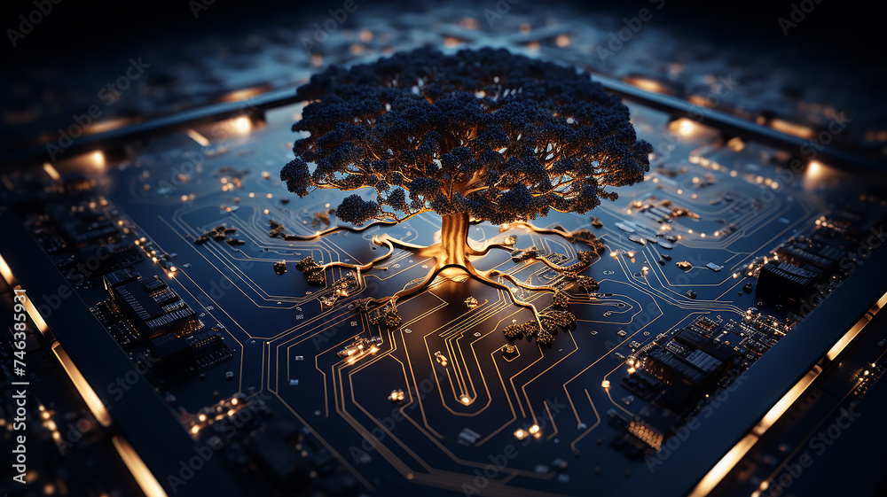 Fototapete background concept is artificial intelligence, a symbol of nature and growth, a tree of life and a b