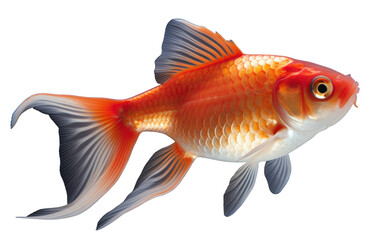Orange and White Fish Swimming in a Pond. An orange and white fish is swimming in a pond, gracefully moving through the water. on a White or Clear Surface PNG Transparent Background.