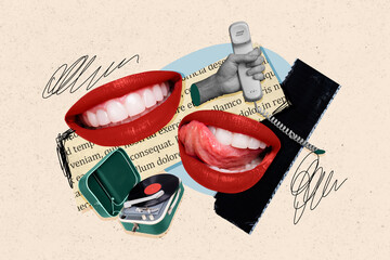 Artwork collage of smiling mouth tongue lick teeth red lips vinyl record player piece book page arm...
