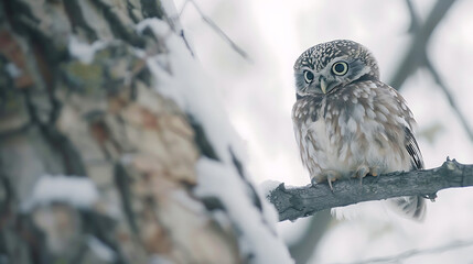Young Little Owl Athene Noctua Displaying Cute Charm Against Bright Blurry Snow Background