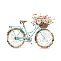 Fototapeta na wymiar beautiful elegant minimal design of bicycle for women with pastel flowers in the front basket, watercolour