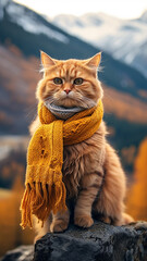 vertical autumn view, cute cat in autumn clothes on a landscape background, autumn joke funny picture - obrazy, fototapety, plakaty