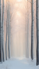 vertical background landscape in a winter forest, tall tree trunks entrance to the alley in the morning frosty white fog