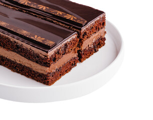 two sliced chocolate cake on a white plate