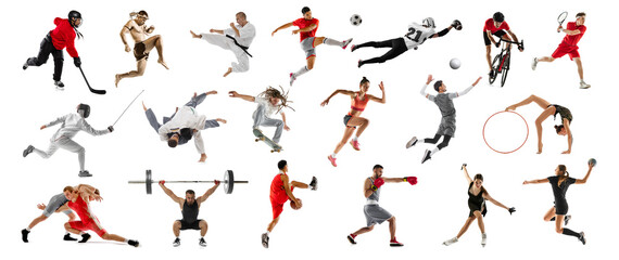 Collage made of dynamic portraits people, professional athletes against white studio background....
