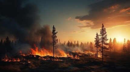 Forest fire disaster. large-scale blaze devastating woodland, wildfire raging through the forest - obrazy, fototapety, plakaty
