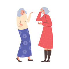 Angry elderly women fighting and shouting at each other, people arguing and yelling, vector cartoon old people conflict