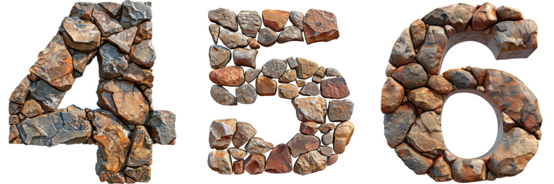 Brown Rocks Numbers 4 5 6 Isolated on Transparent or White Background, PNG