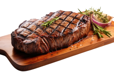 A piece of steak sits on a wooden cutting board next to a sharp knife. The steak looks juicy and well seasoned, ready to be cooked or served. on a White or Clear Surface PNG Transparent Background.