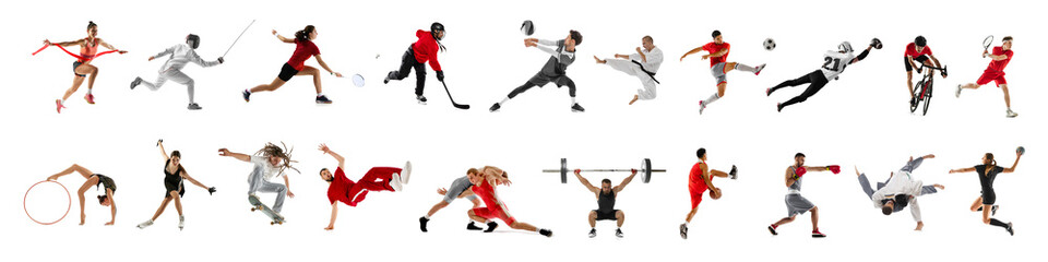 Banner. Multisport collage of competitive, strong, athlete people in motion against white studio background. Movement. Concept of sport, action, active lifestyle, achievements, challenges.